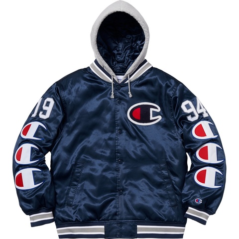 Supreme Supreme®/Champion® Hooded Satin Varsity Jacket - Navy