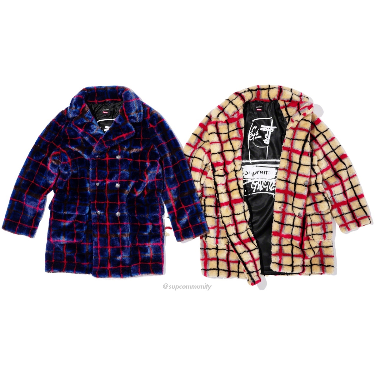 Supreme®/Jean Paul Gaultier® Double Breasted Plaid Faux Fur Coat