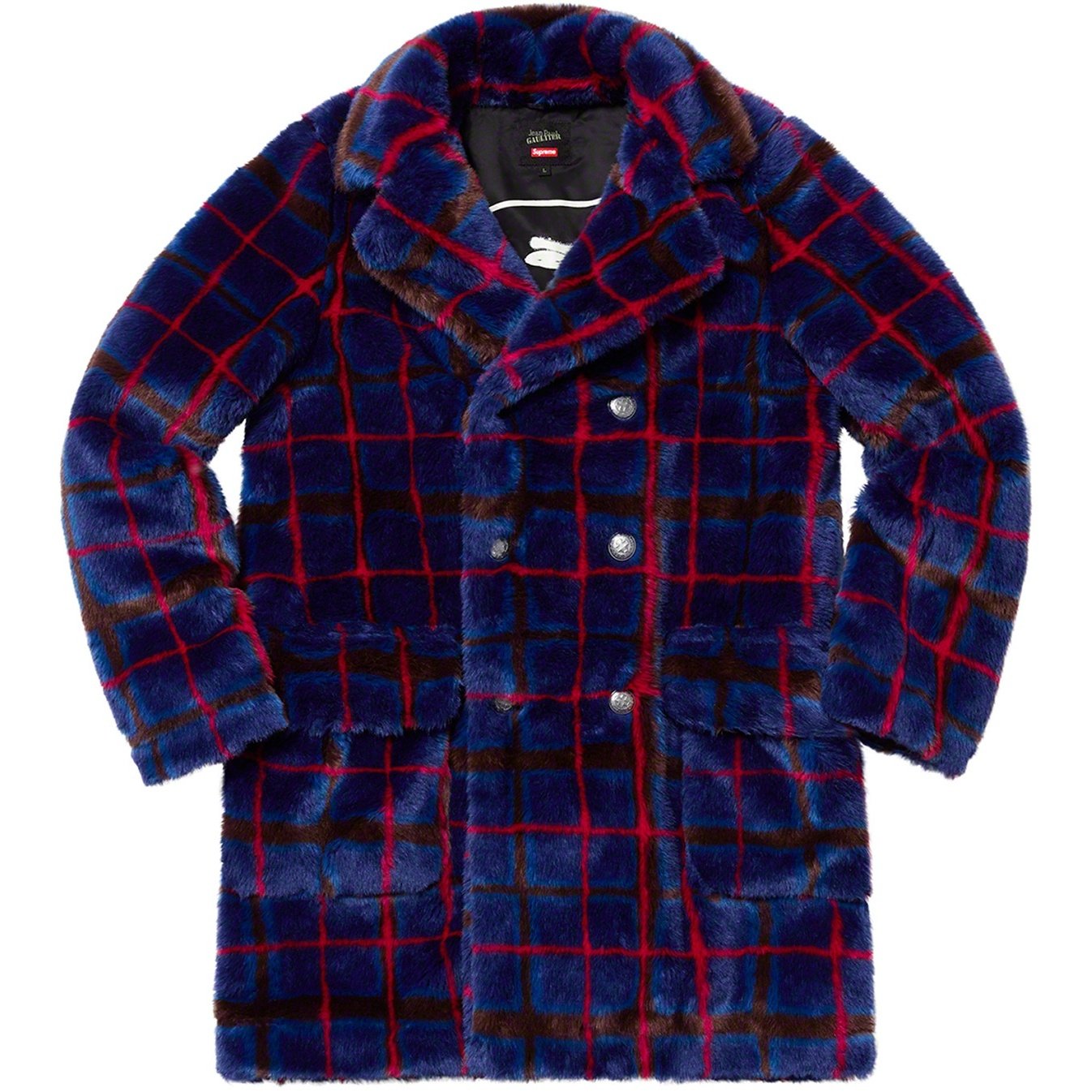Supreme Supreme Jean Paul Gaultier Double Breasted Plaid Faux Fur Coat (SS19) - Blue - $488