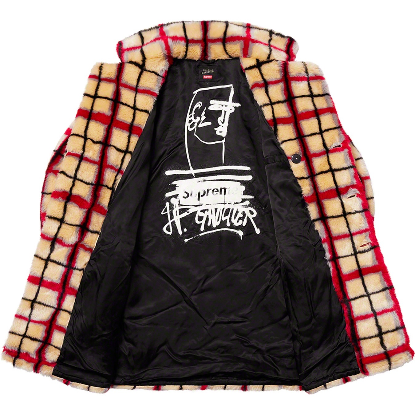 Supreme Supreme Jean Paul Gaultier Double Breasted Plaid Faux Fur Coat (SS19) - Off-White - $488