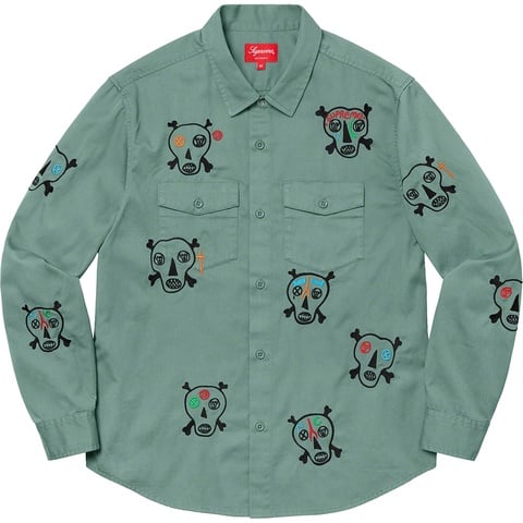 Supreme Clayton Patterson/Supreme Skulls Embroidered Work Shirt - Dusty Green