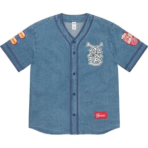 Supreme Patches Denim Baseball Jersey - Denim