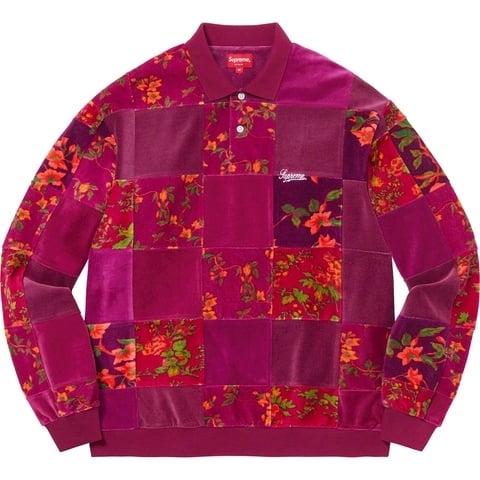 Floral Patchwork Velour L/S Polo - Supreme