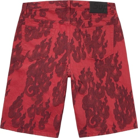 Supreme Flames Jacquard Baggy Denim Short - Washed Red
