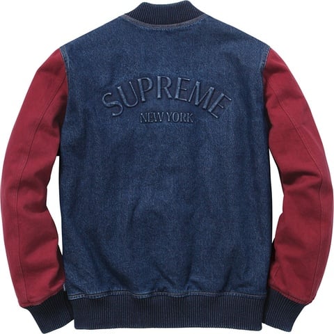 か*ず様 supreme 14aw Denim Twill Varsity Ja Denim Twill Varsity Jacket - fall/winter 2014 - Supreme