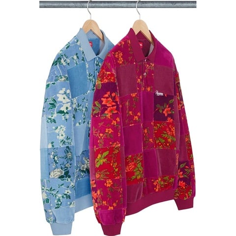 Floral Patchwork Velour L/S Polo - Supreme