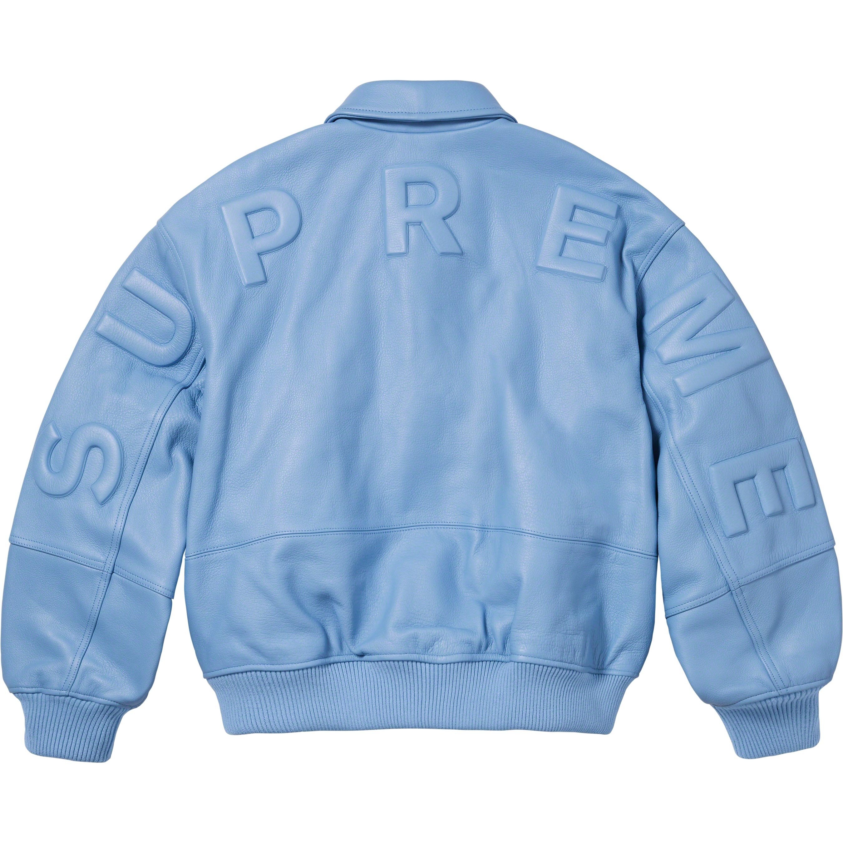 Supreme GORE-TEX Infinium WINDSTOPPER Leather Varsity Jacket (FW23) - Light Blue - $998