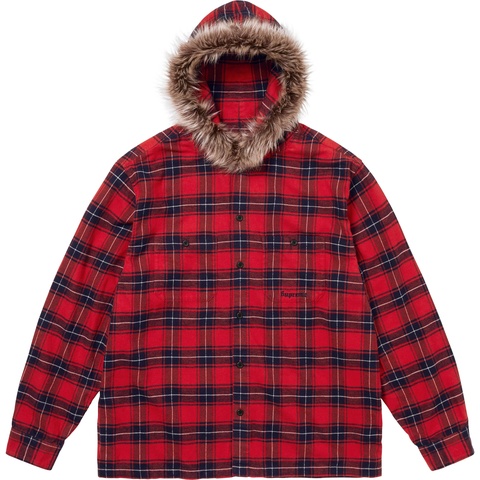 Supreme Fur Trim Flannel Hooded Shirt - Red Plaid