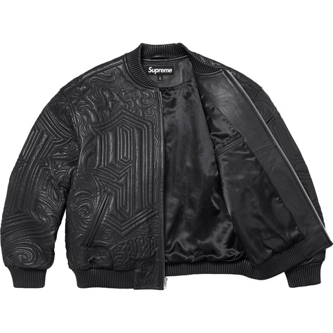Supreme Mister Cartoon Embroidered Leather Jacket - Black