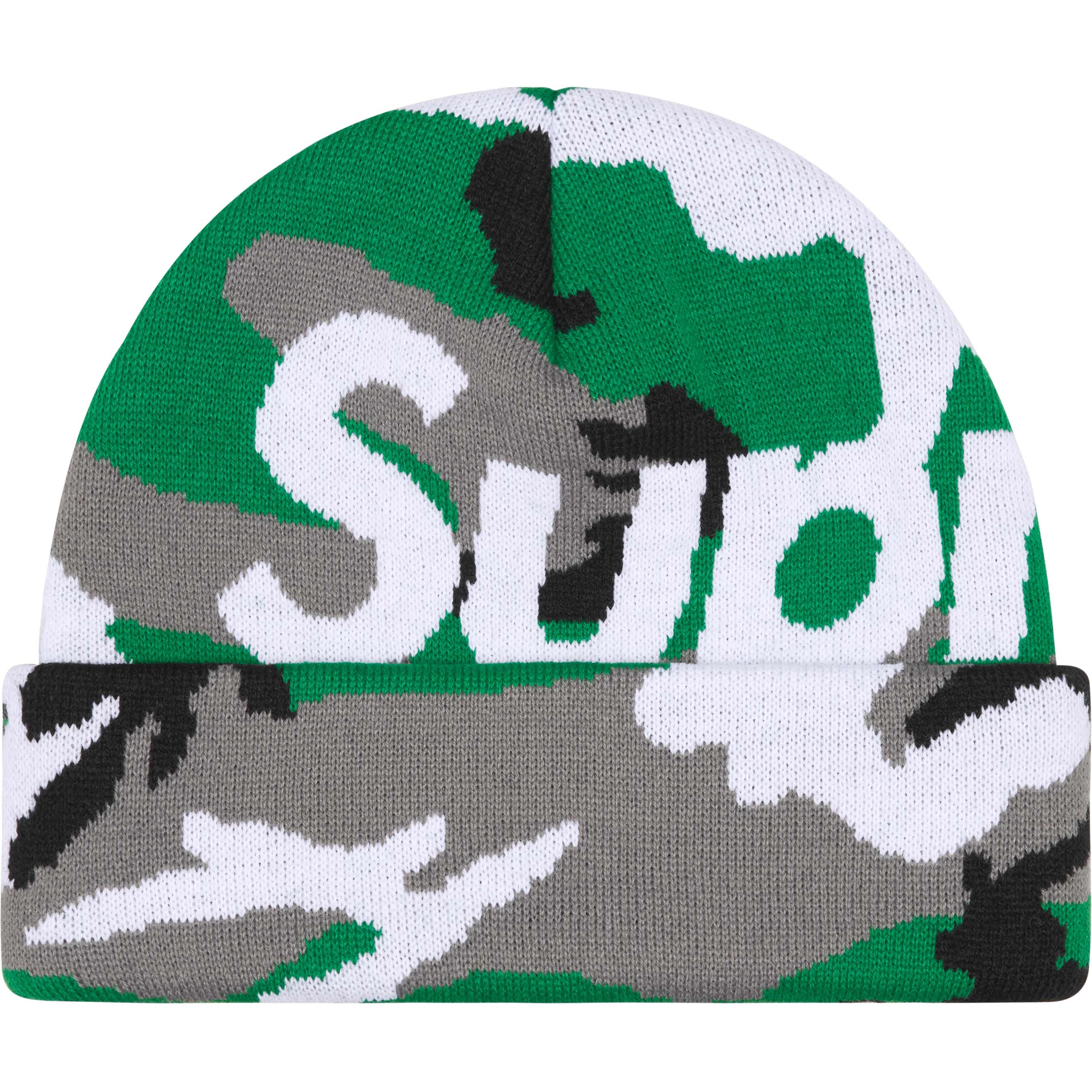 Supreme Camo Big Logo Beanie (FW25) - Green Camo - $44