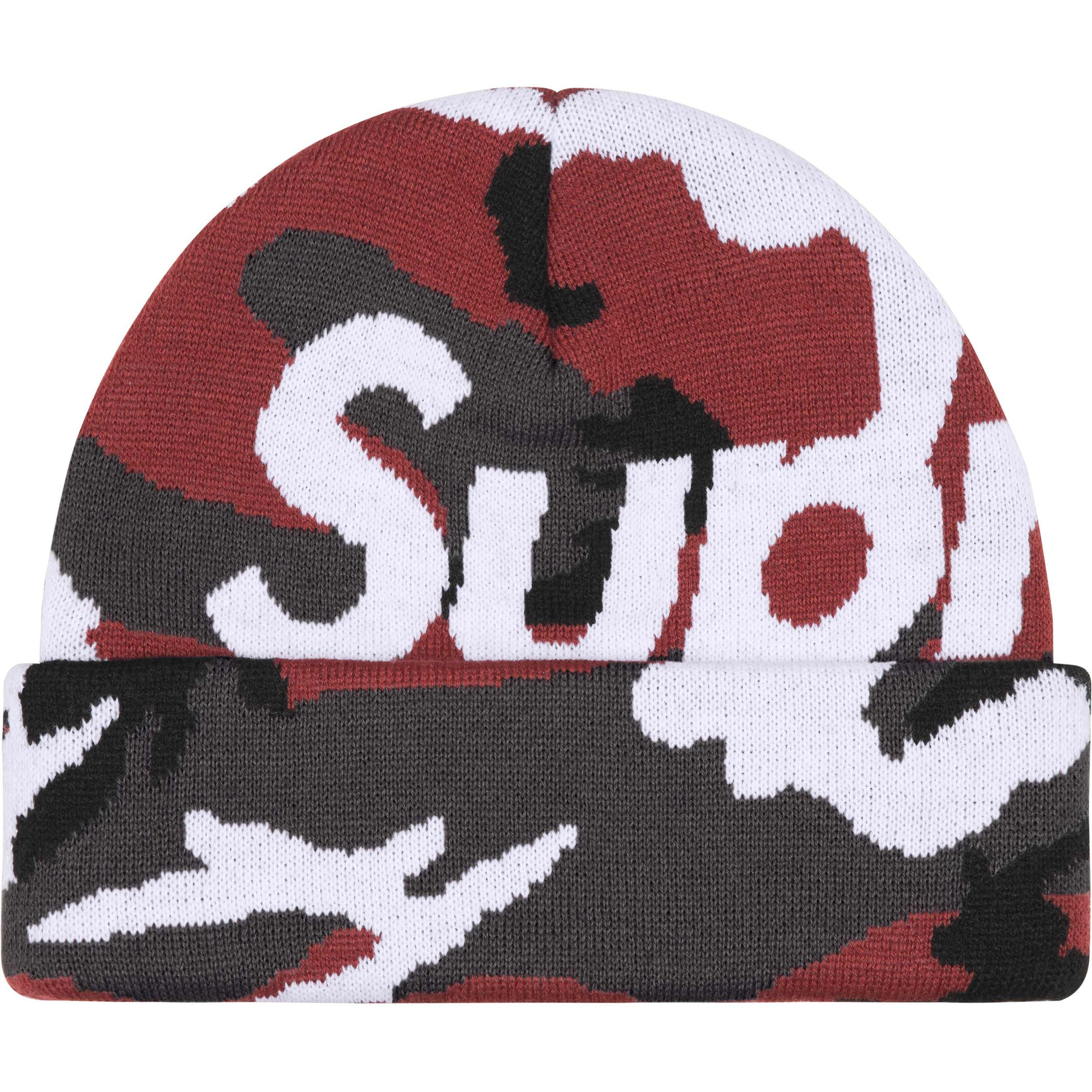 Supreme Camo Big Logo Beanie (FW25) - Red Camo - $44