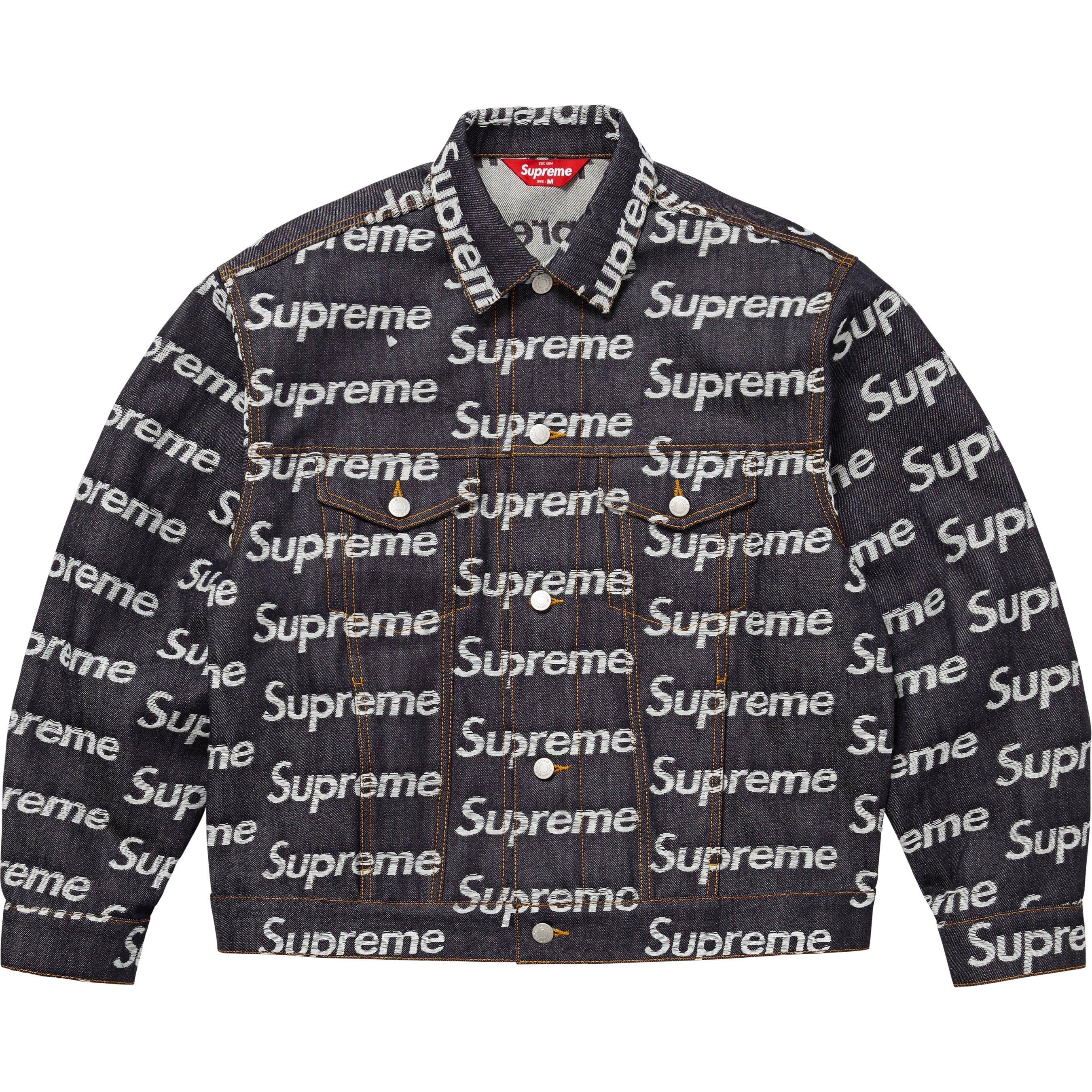Supreme Jacquard Logos Denim Trucker Jacket (FW25) - Rigid Indigo - $298