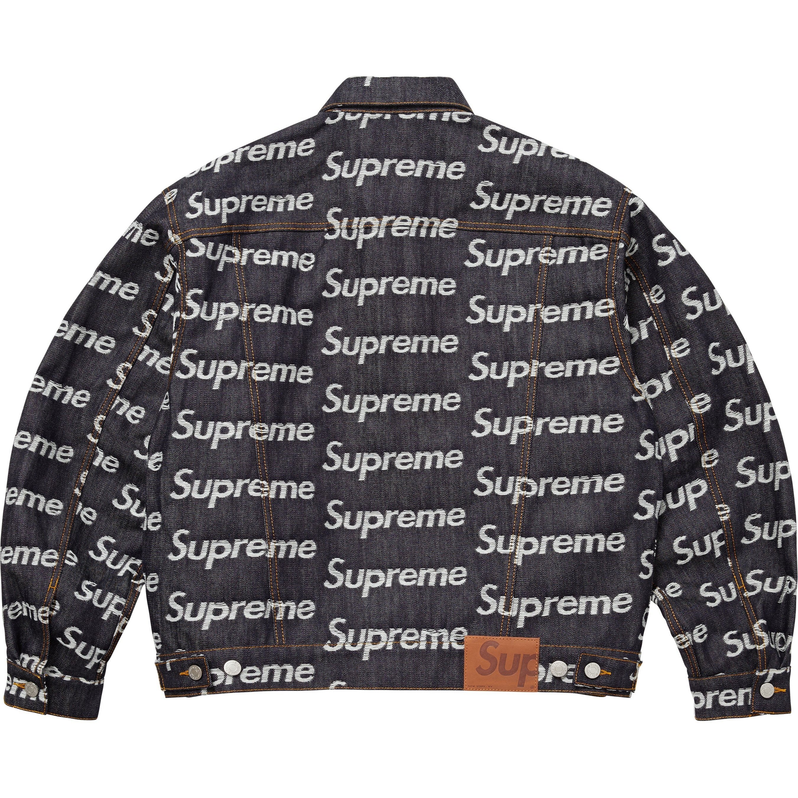 Supreme Jacquard Logos Denim Trucker Jacket (FW25) - Rigid Indigo - $298