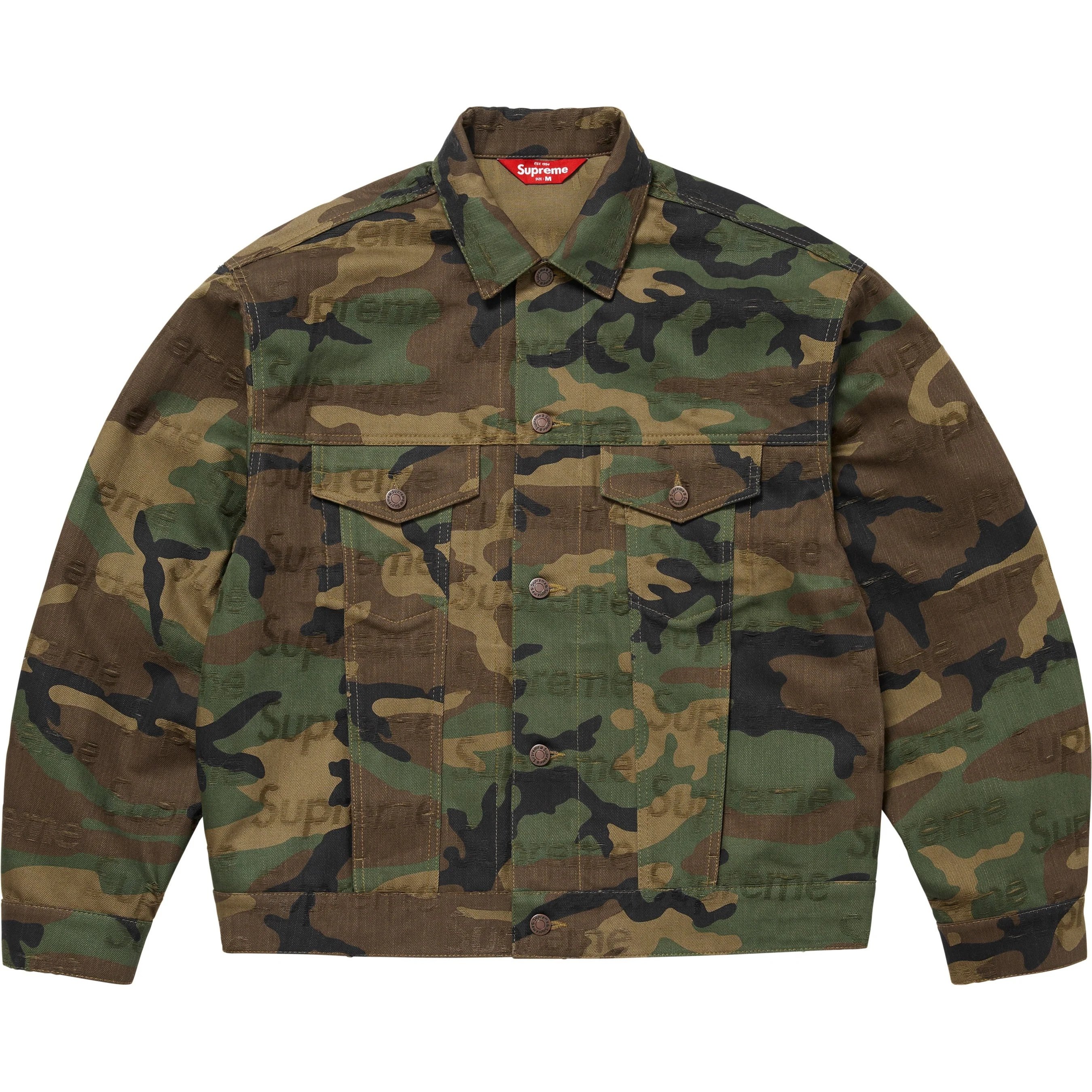 Supreme Jacquard Logos Denim Trucker Jacket (FW25) - Woodland Camo - $298