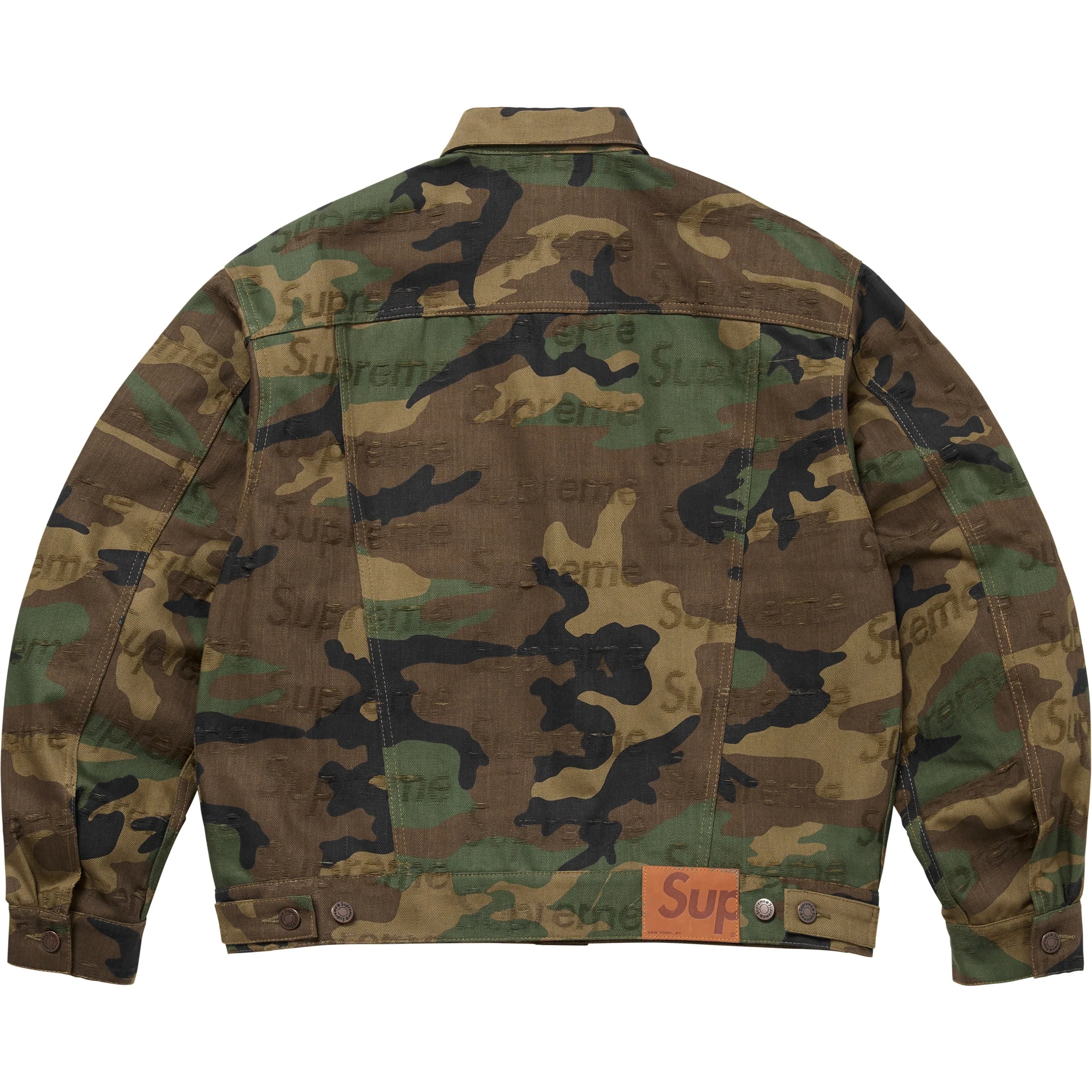 Supreme Jacquard Logos Denim Trucker Jacket (FW25) - Woodland Camo - $298