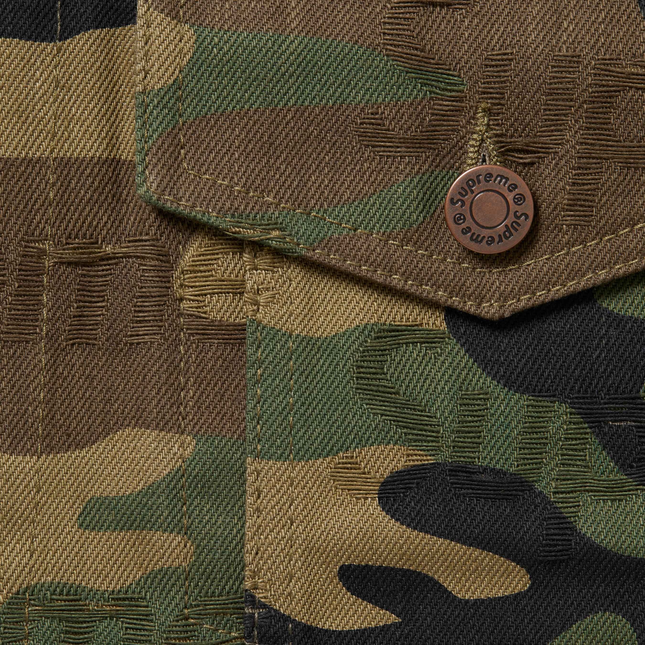 Supreme Jacquard Logos Denim Trucker Jacket (FW25) - Woodland Camo - $298