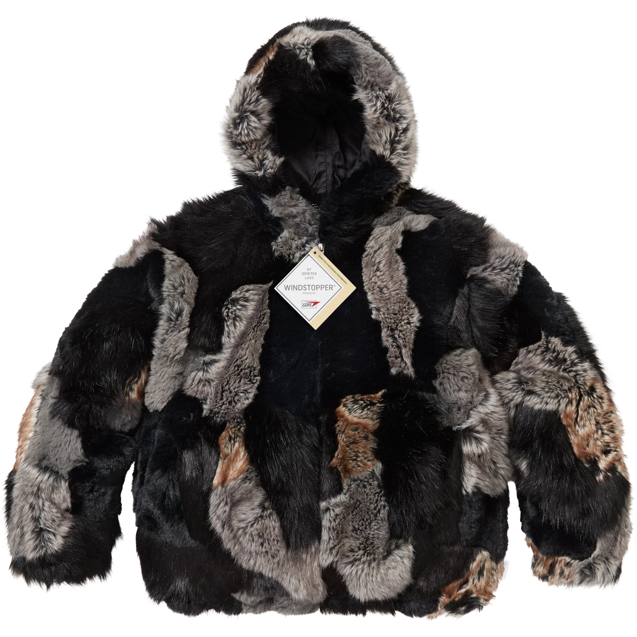 Supreme Patchwork WINDSTOPPER Hooded Faux Fur Jacket (FW25) - Black - $698