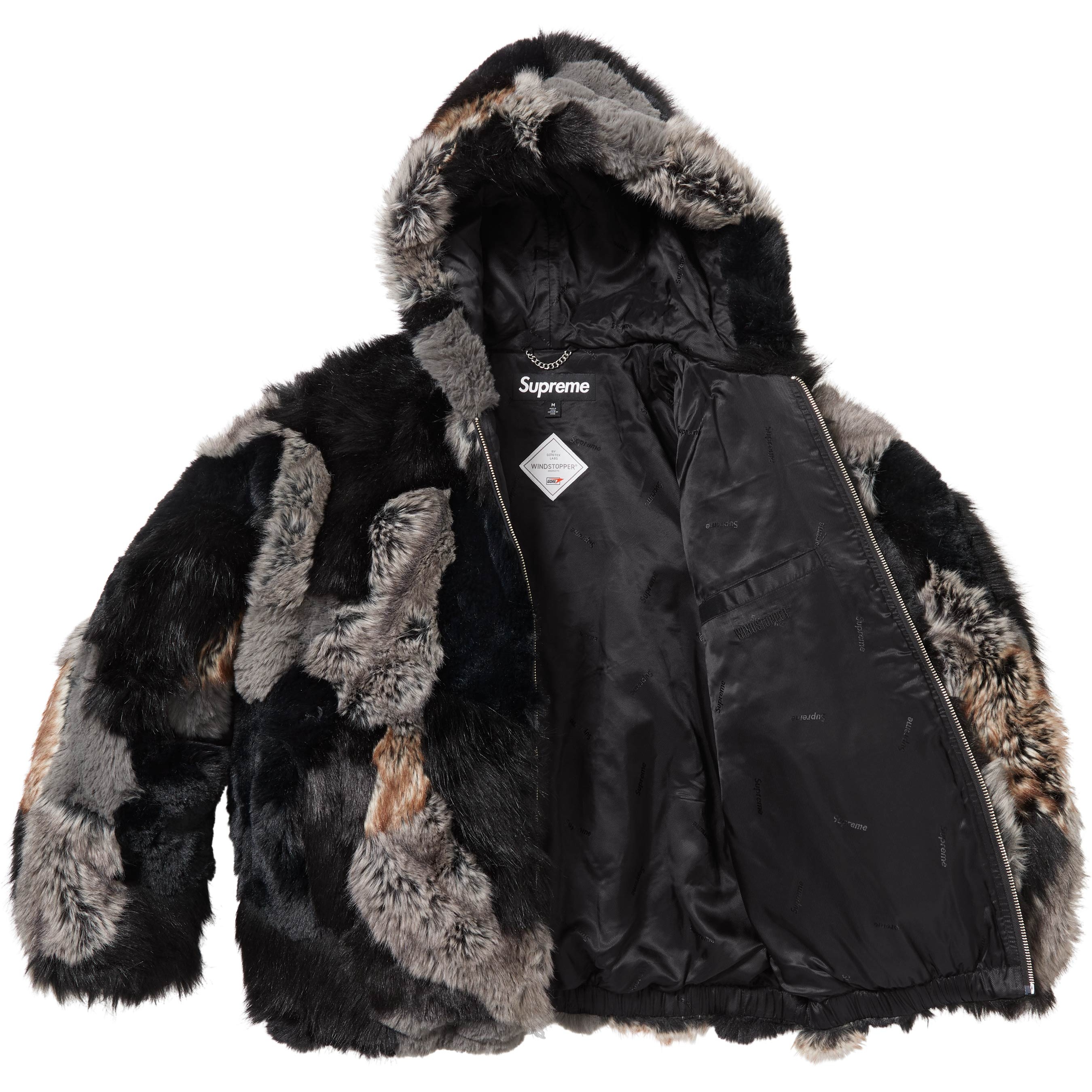 Supreme Patchwork WINDSTOPPER Hooded Faux Fur Jacket (FW25) - Black - $698