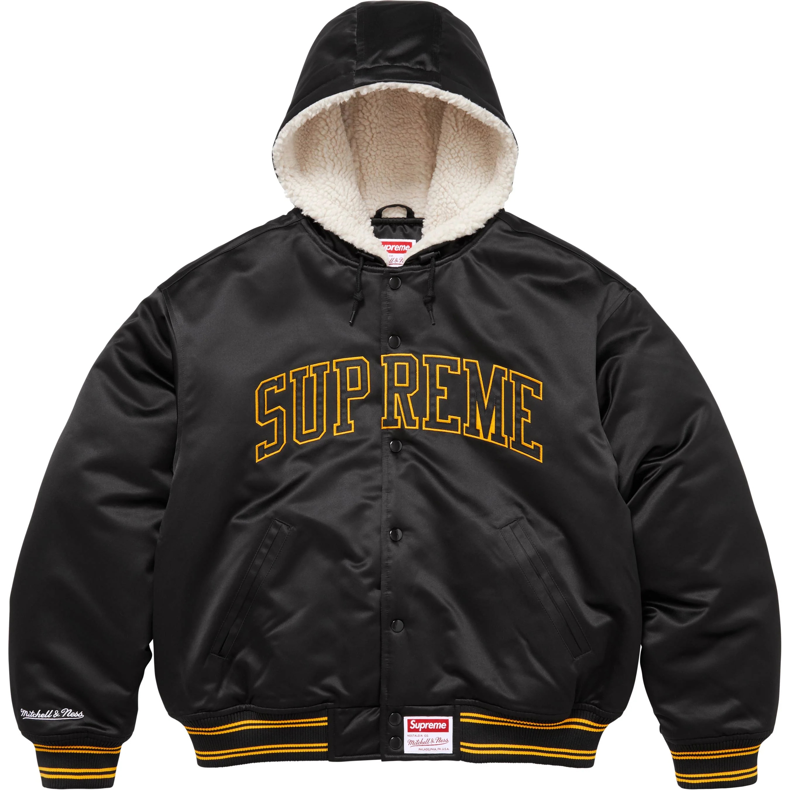 Supreme Supreme Mitchell & Ness Lined Hooded Satin Varsity Jacket (FW25) - Black - $298