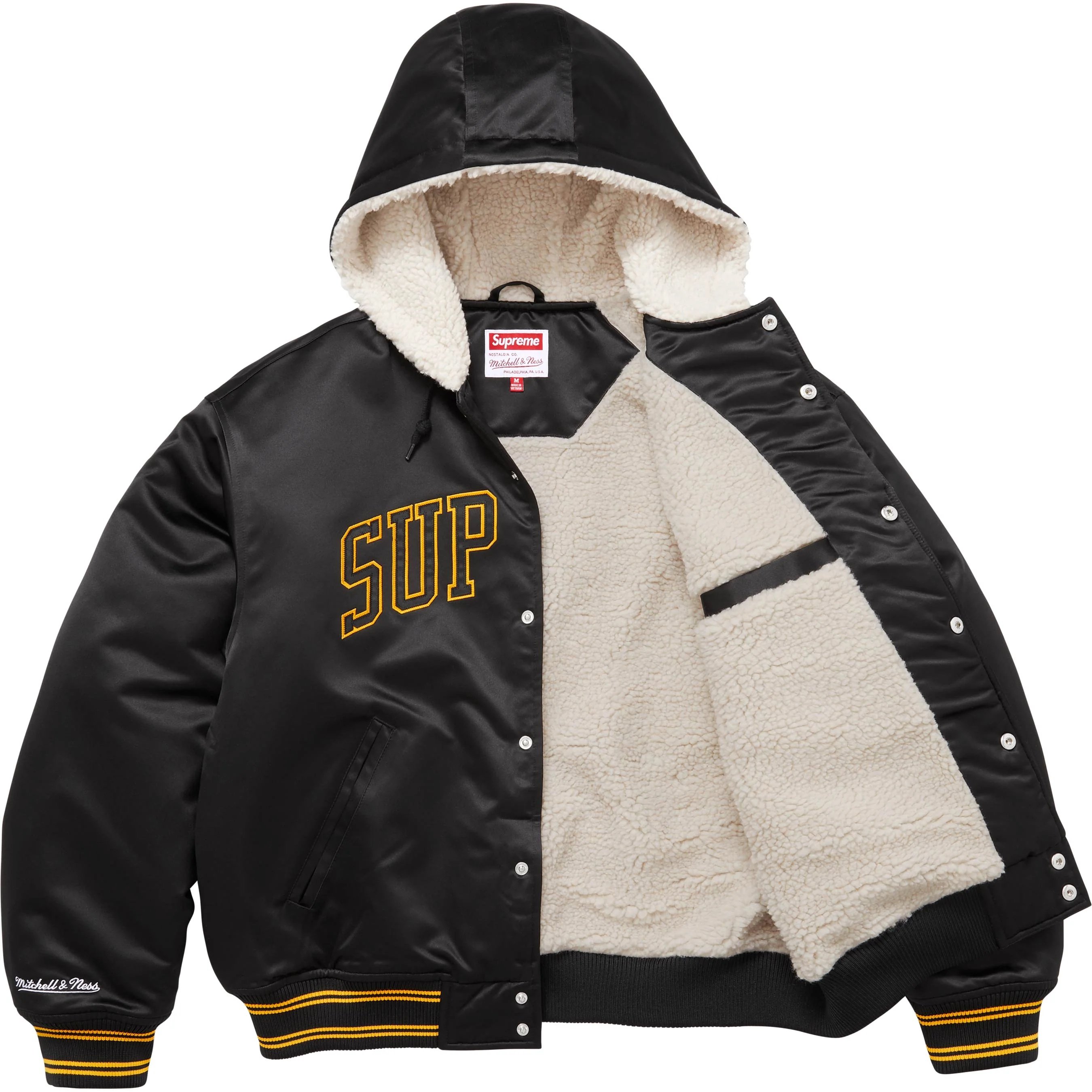 Supreme Supreme Mitchell & Ness Lined Hooded Satin Varsity Jacket (FW25) - Black - $298