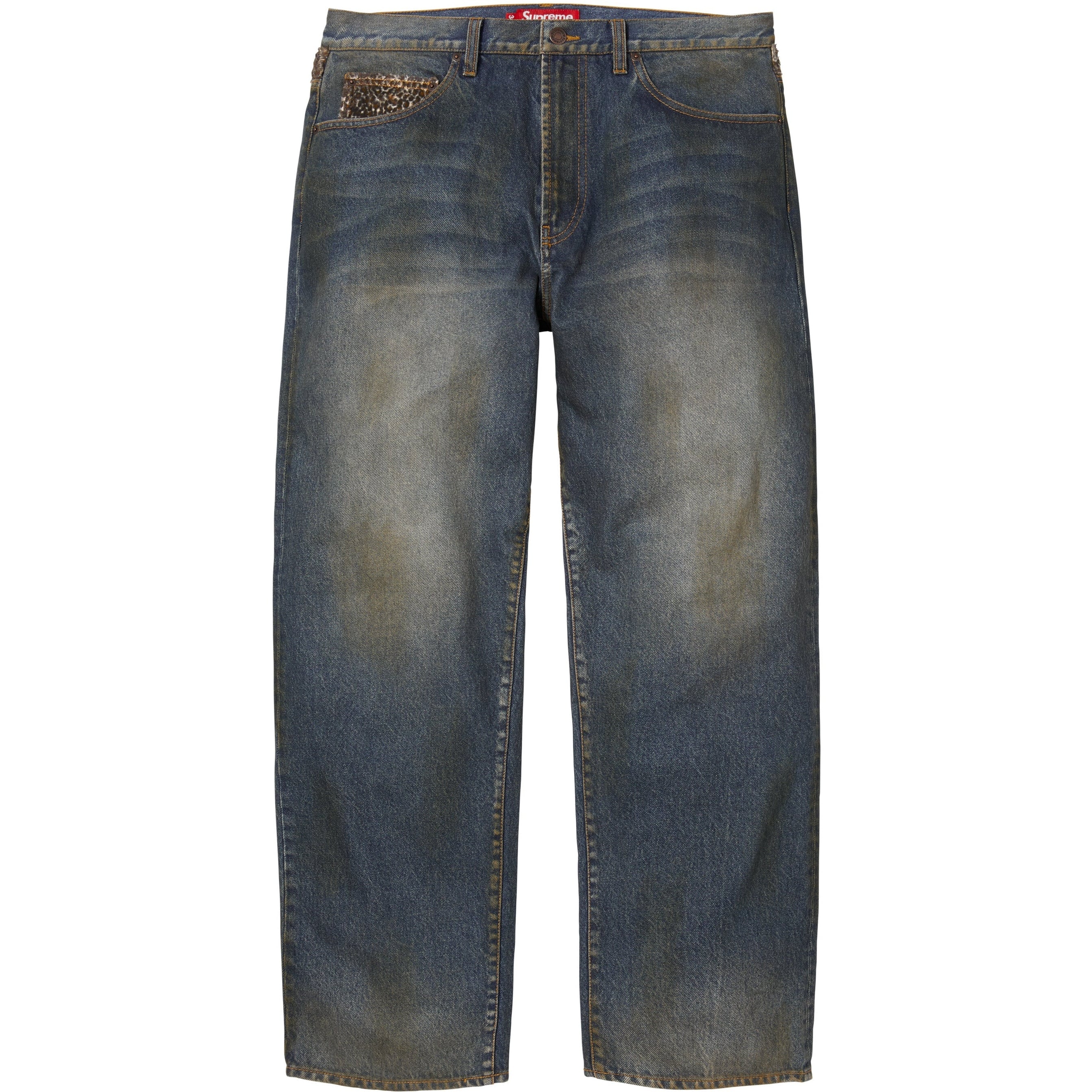 Supreme Leopard Faux Fur Loose Fit Jean (FW25) - Washed Indigo - $188