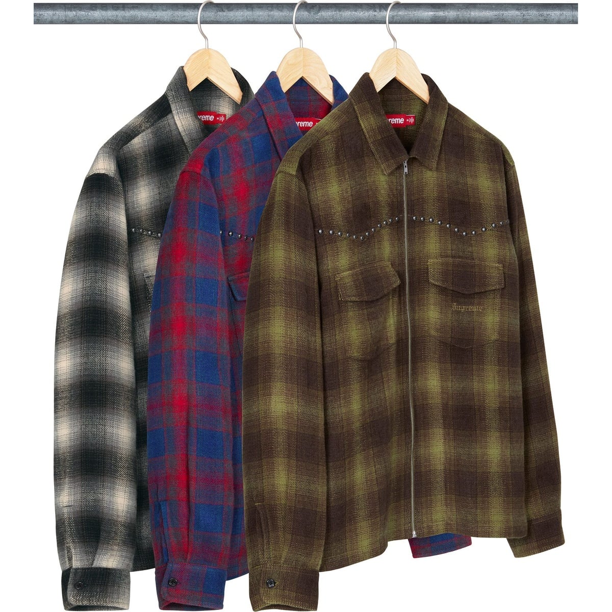 Studded Shadow Plaid Zip Up Shirt - SupremeCommunity