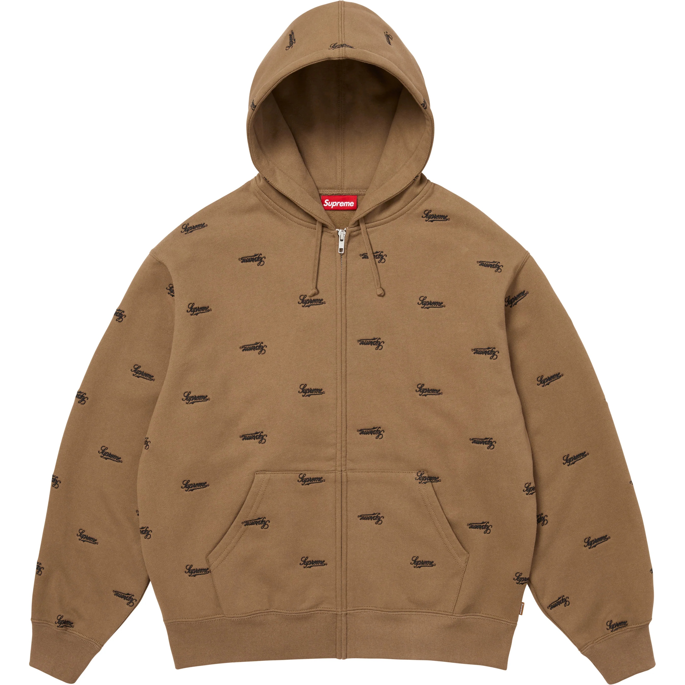 Supreme Repeat Script Zip Up Hooded Sweatshirt (FW25) - Dark Khaki - $178