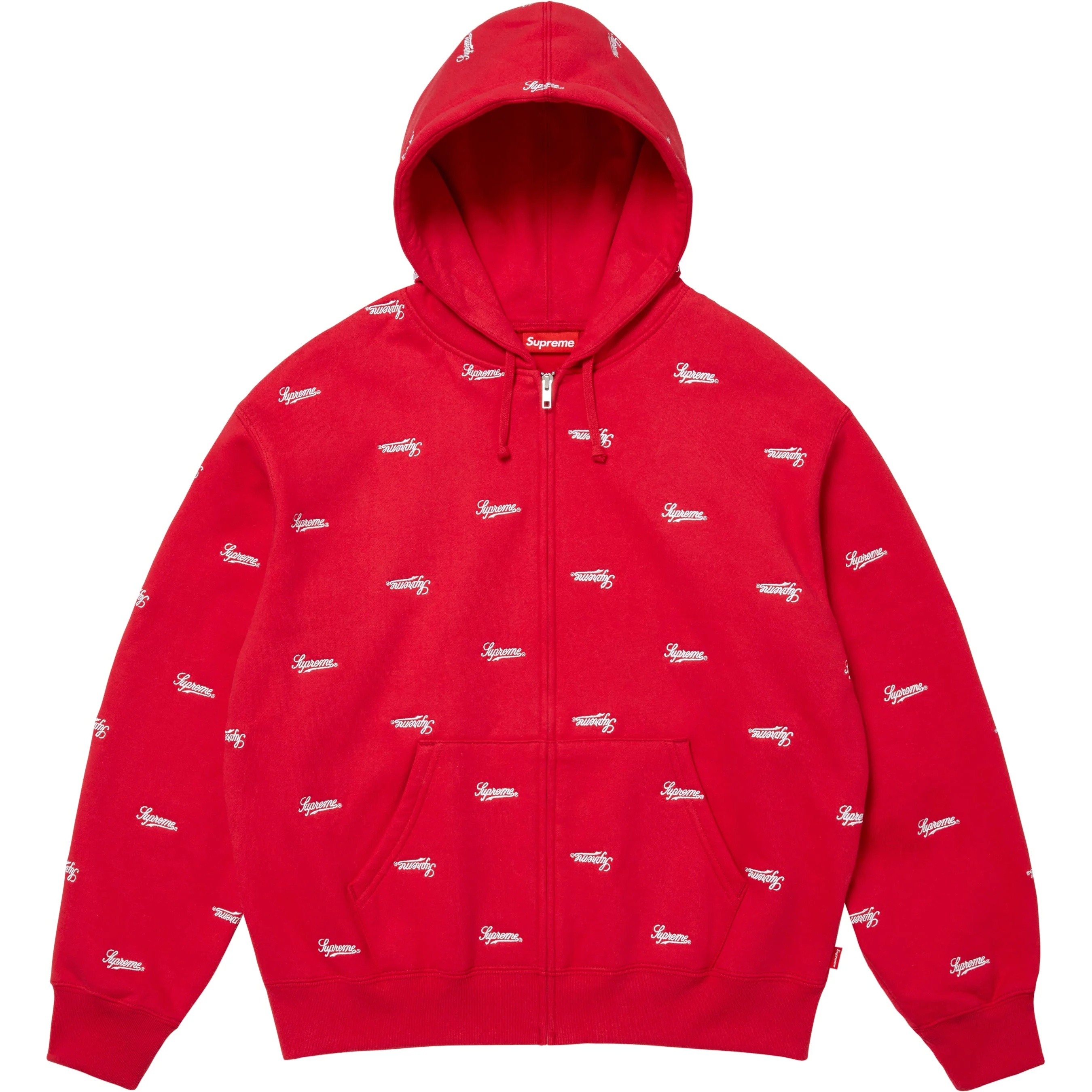 Supreme Repeat Script Zip Up Hooded Sweatshirt (FW25) - Red - $178