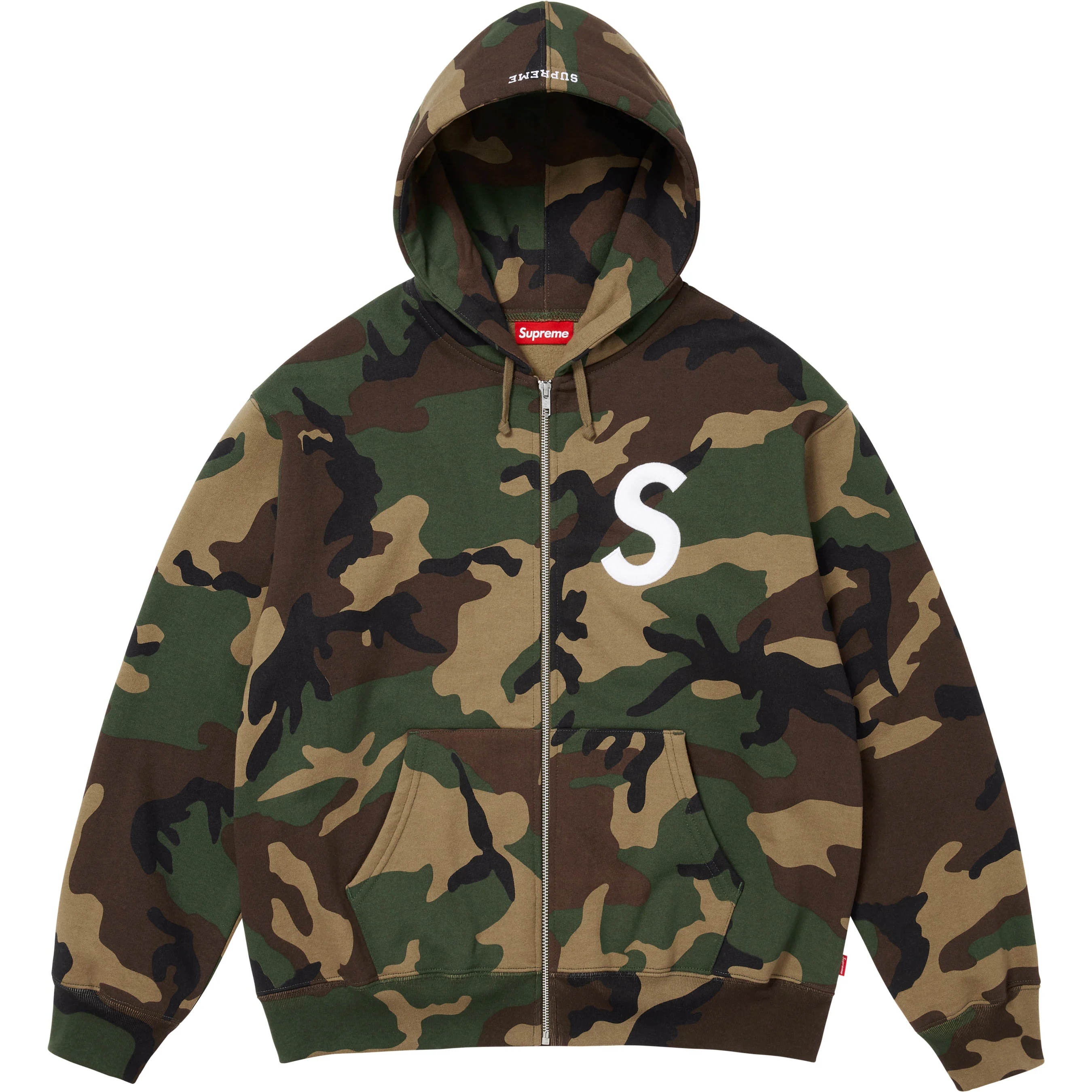 Supreme S Logo Zip Up Hooded Sweatshirt (FW25) - Woodland Camo - $178