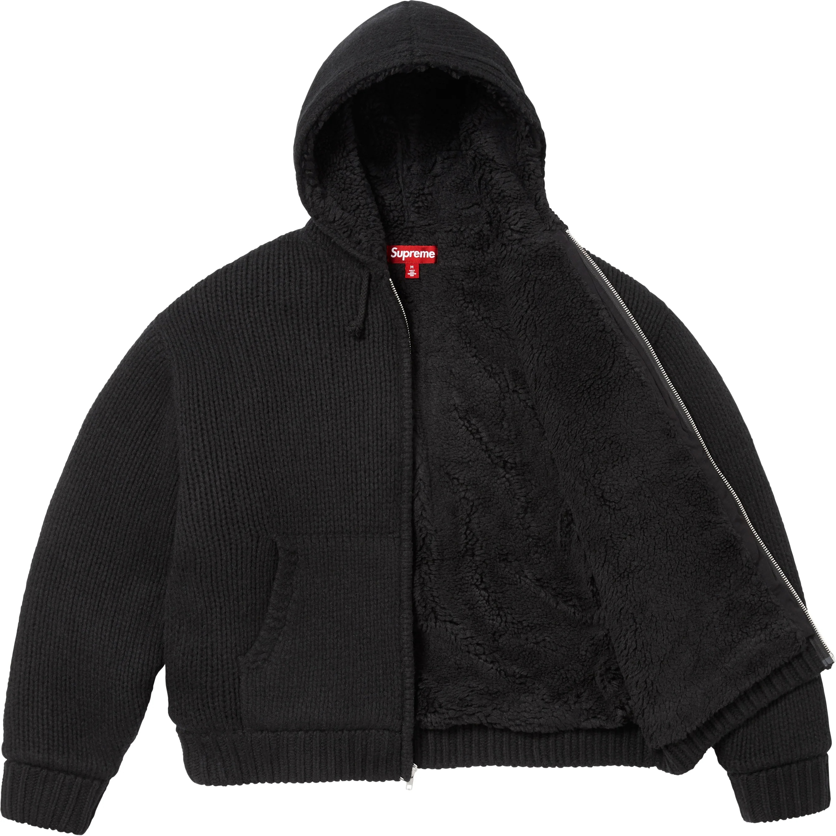 Supreme Faux Shearling Lined Zip Up Hooded Sweater (FW25) - Black - $298