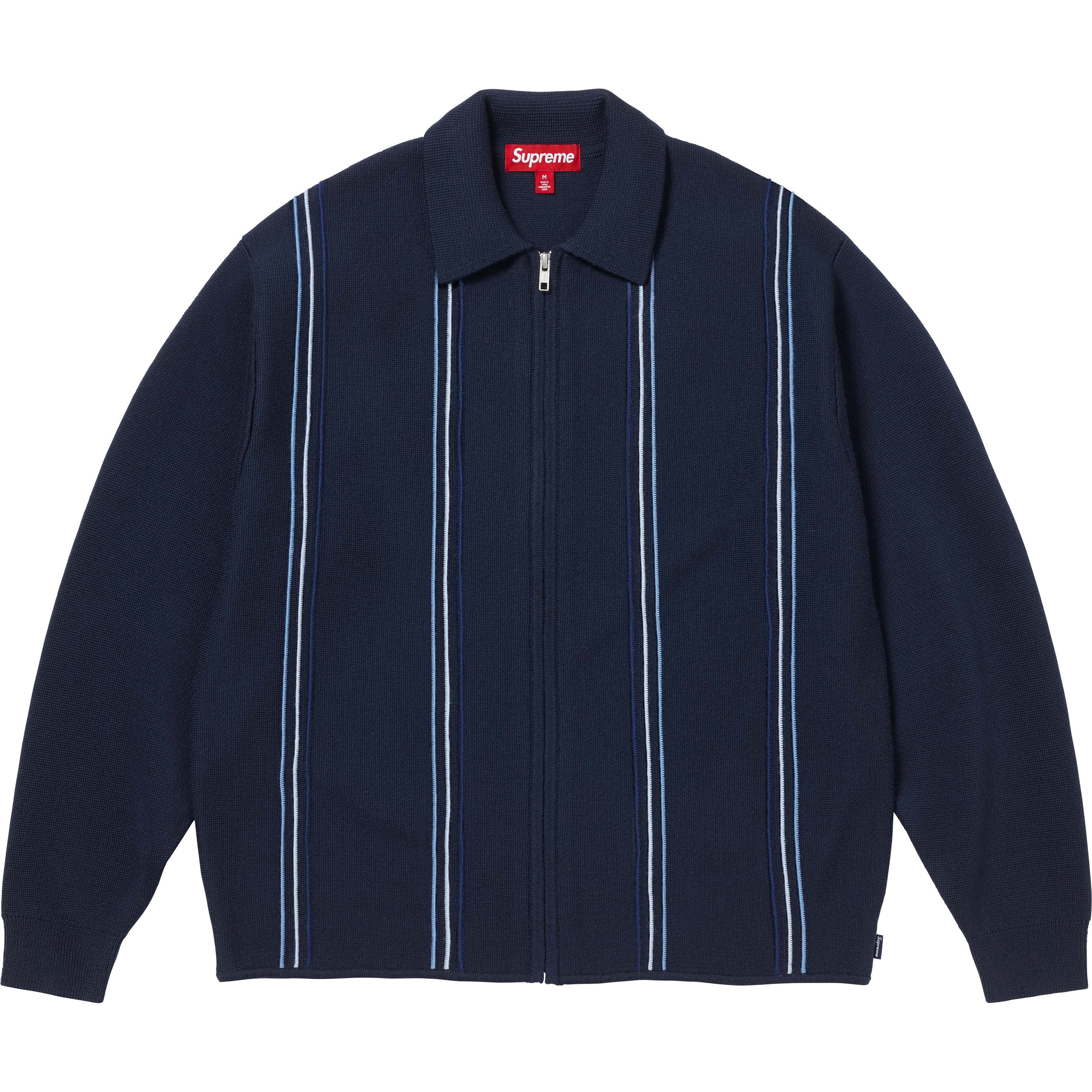 Supreme Stripe Zip Up Polo Sweater (FW25) - Navy - $198