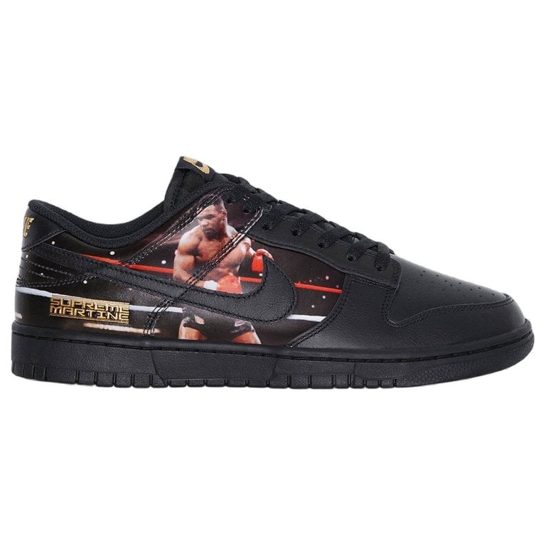 Supreme x Martine Rose x Nike Dunk Low Mike Tyson detail showing gold Supreme x Martine lettering above screen-printed Tyson photo