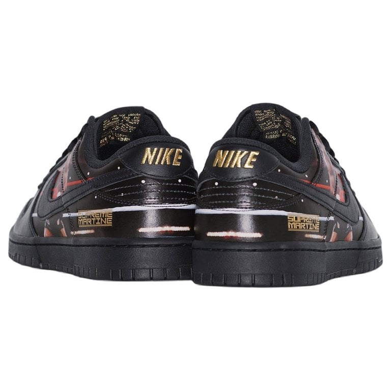 Supreme x Martine Rose x Nike Dunk Low Mike Tyson pair view showing full black leather construction with co-branded insoles