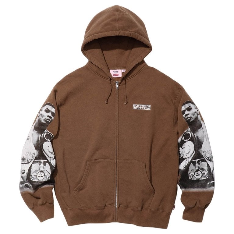 Supreme x Martine Rose Zip Up Hooded Sweatshirt FW26 showing Tyson tribute print and multiple national flag emblems on reverse