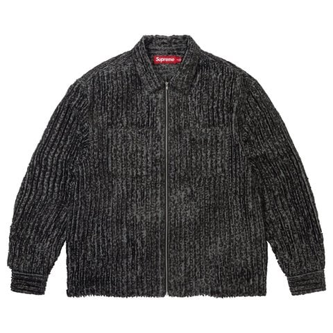 Supreme Leopard Frayed Zip Up Shirt - Black