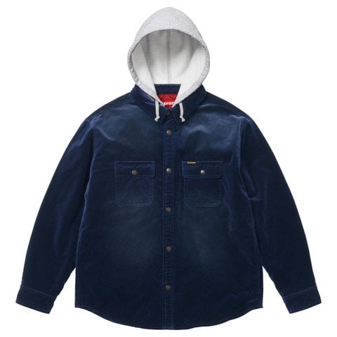 Supreme Quilted Lined Hooded Velvet Snap Shirt - Navy
