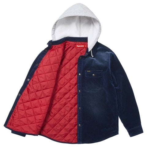 Supreme Quilted Lined Hooded Velvet Snap Shirt - Navy