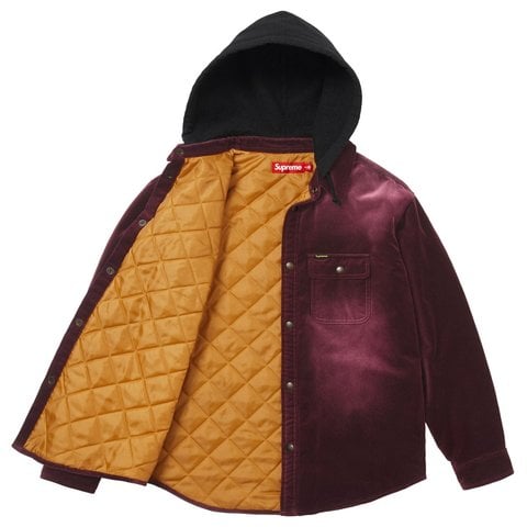 Supreme Quilted Lined Hooded Velvet Snap Shirt - Plum