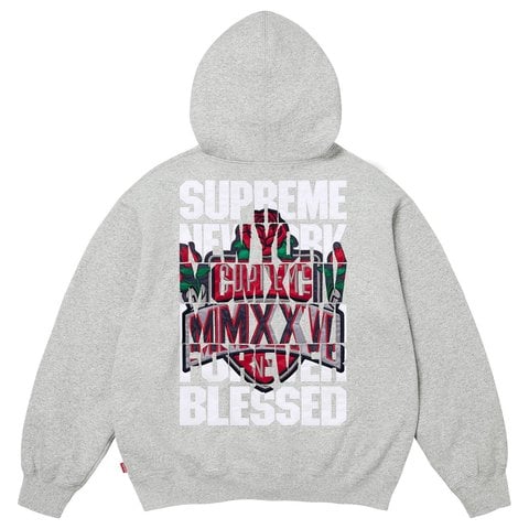 Supreme Blessed Appliqué Zip Up Hooded Sweatshirt - Heather Grey