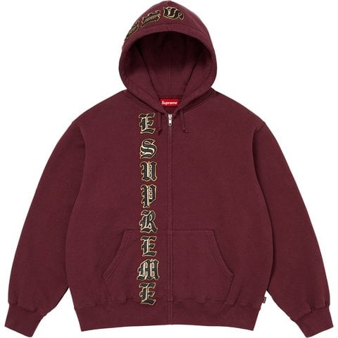 Supreme Leather Appliqué Zip Up Hooded Sweatshirt - Burgundy