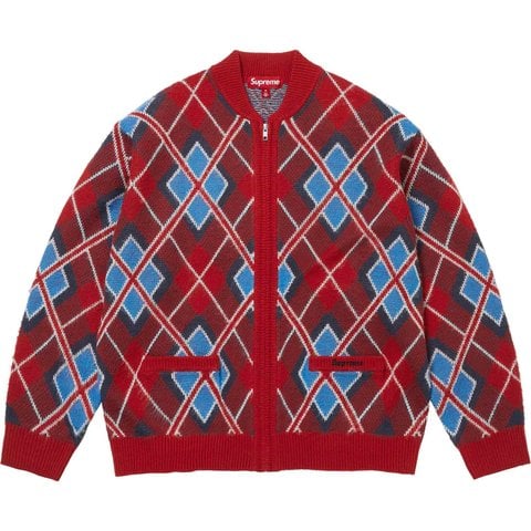 Supreme Brushed Argyle Zip Up Cardigan - Red