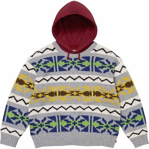 Supreme Pattern Knit Hooded Sweater - Grey
