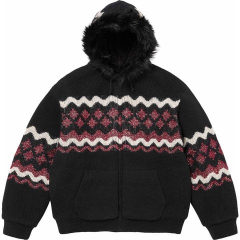 Supreme Sequin Lined Hooded Zip Up Sweater - Black