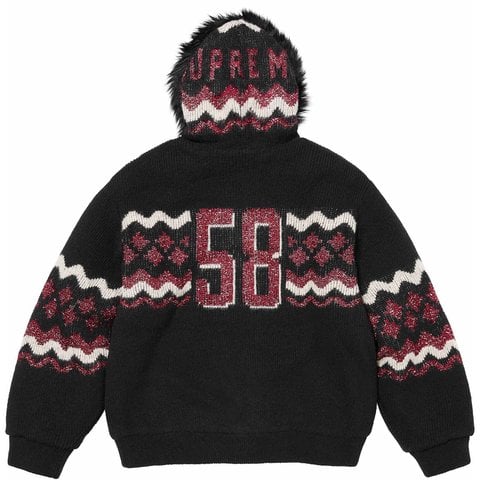 Supreme Sequin Lined Hooded Zip Up Sweater - Black