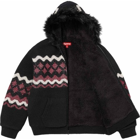 Supreme Sequin Lined Hooded Zip Up Sweater - Black