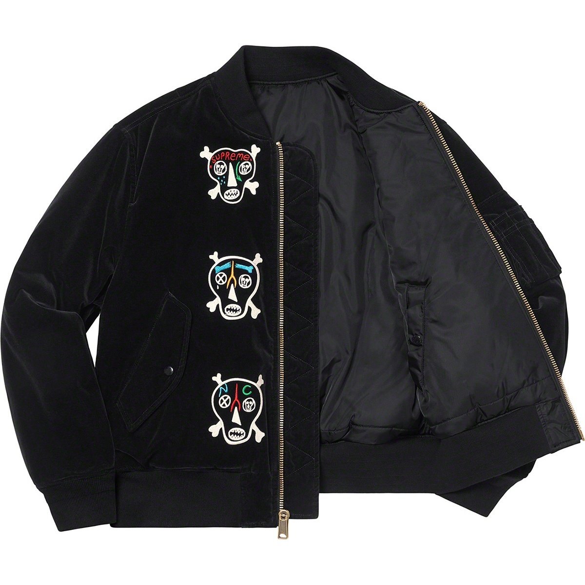 Supreme Clayton Patterson Supreme Skulls Embroidered Velvet MA-1 (SS21) - $398