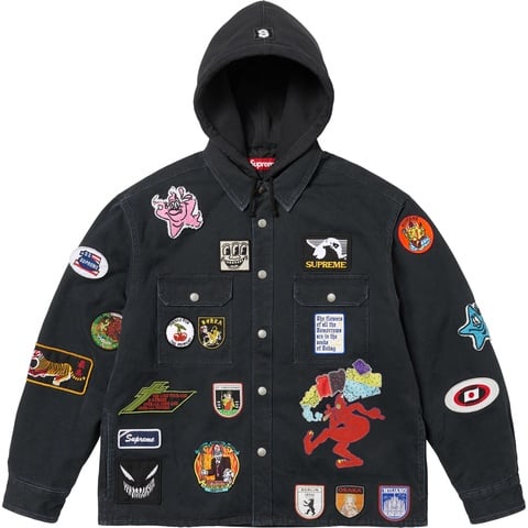 Supreme Patches Hooded Zip Up Shirt - Black