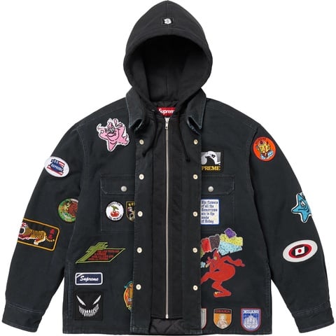 Supreme Patches Hooded Zip Up Shirt - Black