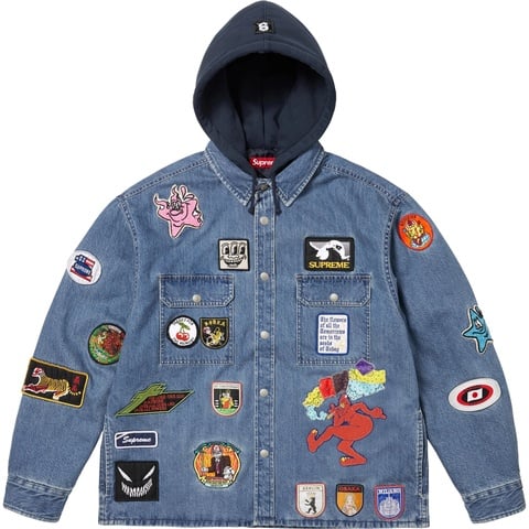 Supreme Patches Hooded Zip Up Shirt - Denim