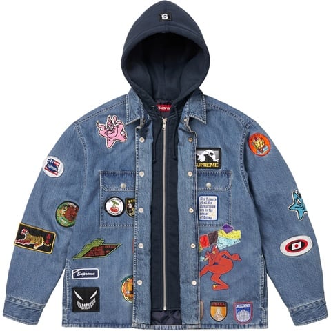 Supreme Patches Hooded Zip Up Shirt - Denim